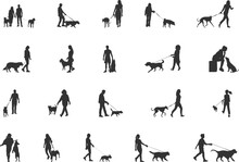 People Walking Dog Silhouettes, Man And Woman Walk With Dog Silhouette, Man Walking Dog Silhouette, Woman Walking Dog Silhouette, Walking Dog Silhouette