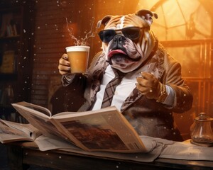 Poster - A dog in a suit and tie holding a cup of coffee. Generative AI.