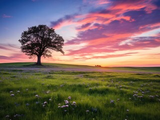 Wall Mural - A lone tree in a grassy field at sunset. Generative AI.