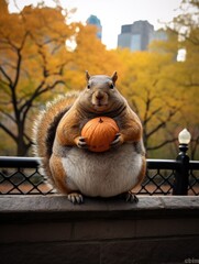 Sticker - A fat squirrel sitting on a fence holding a pumpkin. Generative AI.