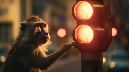 Poster - A monkey standing next to a traffic light. Generative AI.