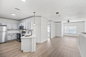 kitchen interior and wooden floor. Simply furniture with utensils, shelves with crockery and refrigerator in modern minimal design, empty space, wood floor