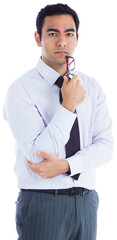 Poster - Digital png photo of biracial businessman holding eyeglasses on transparent background