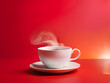Red cup of hot coffee on red background