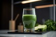 Refreshing glass of green juice with kale, spinach, and cucumber on a modern table in a sleek workout studio. Generative AI