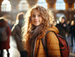 Outdoor portrait of beautiful young woman with long curly hair in the city. Generative AI