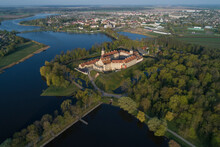 Ancient Nesvizh Castle In The May Aerial Landscape. Belarus