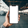 © Nadun - Hand holding a smart phone. in airport mobile screen mockup. airport background