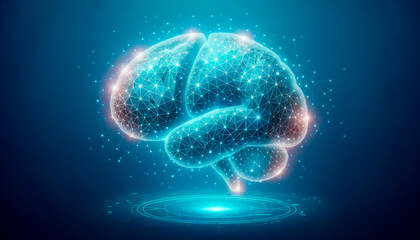 Poster - Human brain on a blue background. Polygonal low poly design. Generative AI
