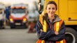 Confident female truck driver standing in front of the truck 