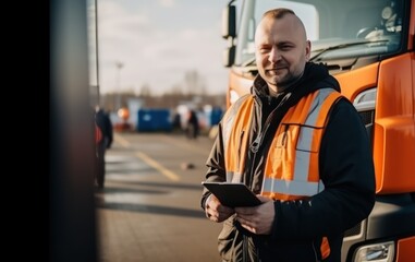 Wall Mural - Truck driver holding tablet 