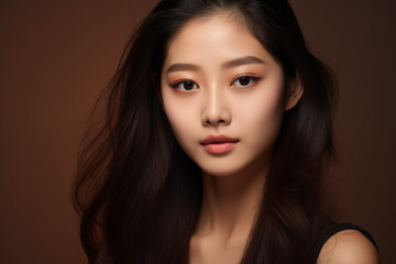 Beautiful young asian woman with clean fresh skin on brown background, Face care, Facial treatment, Cosmetology, beauty and spa, Asian women portrait