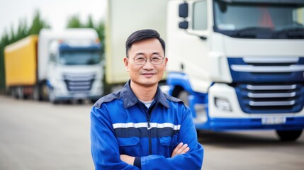 Wall Mural - Truck driver standing in front of container truck 