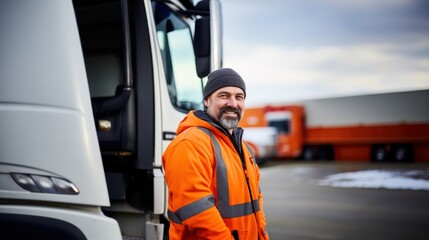 Wall Mural - Truck driver standing in front of container truck 