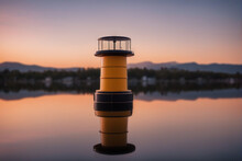 Buoy For Navigation Hazard Safety Floating In Water With Mountains In Background At Sunrise Dawn