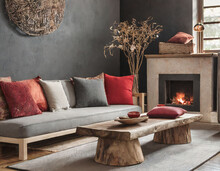 Wood Log Coffee Table Near Rustic Sofa With Red Cushion And Grey And Beige Pillows Against Black Stucco Wall. Japandi Home Interior Design Of Modern Living Room With Fireplace