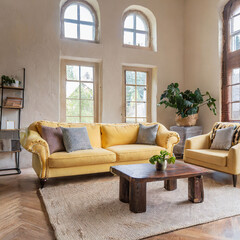 Yellow tufted sofa near rustic coffee table. Scandinavian home interior design of modern two story living room