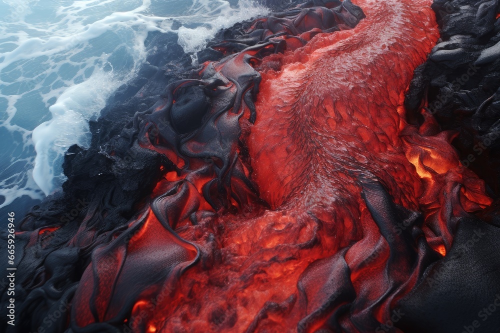 Lava Flow Example Volcanic lava flow in Hawaii Volcanoes National Park, Lava is entering ...