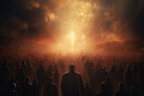 Fototapeta Pokój dzieciecy - Silhouettes of people in front of fireworks. 3d rendering, Leadership concept with crowd of people and light. 3d rendering, AI Generated