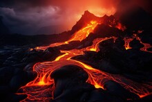 Volcanic Eruption In Hawaii Volcanoes National Park, USA, Lava Flowing Lava Into A Mountain, AI Generated