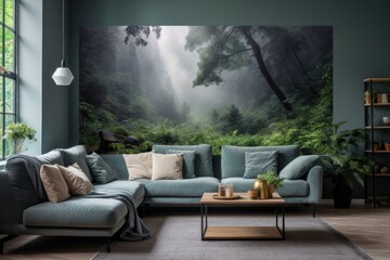 Wall Mural - modern bright interiors apartment living room 3D rendering illustration computer generated image, living room interior HD 8K wallpaper Stock Photographic Image, AI Generated