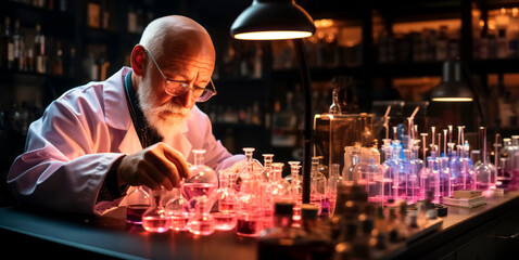 Poster - Senior male scientist working in a laboratory. He is wearing a white coat and glasses. Generative AI