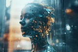 Fototapeta Nowy Jork - double exposure image of virtual human and artificial intelligence AI technology concept