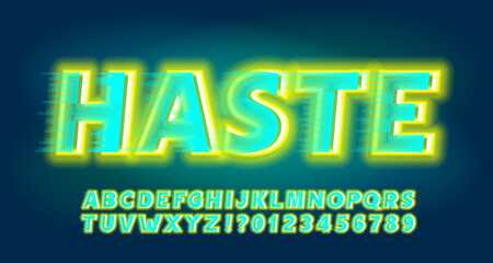 Poster - haste alphabet font. bright neon letters and numbers with a speed effect. stock vector typeface for 