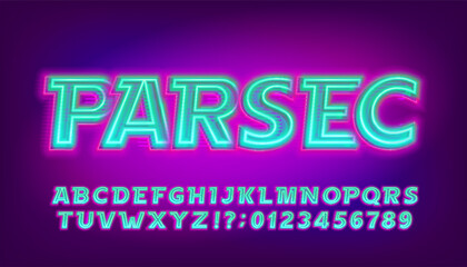 Poster - parsec alphabet font. glowing neon letters and numbers. stock vector typescript for your design.