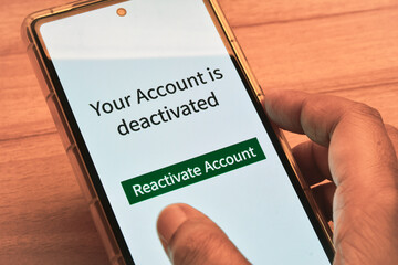 cellphone with the message your account is deactivated. reactivate a cancelled account concept. digi