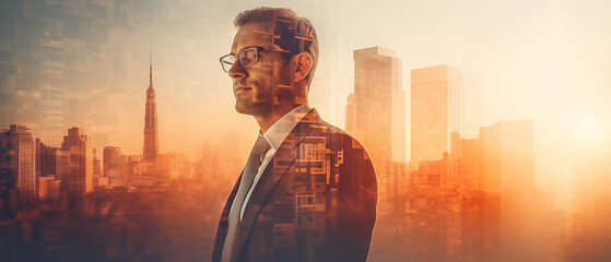 Businessman in a formal suit stands and looks at the success of his business on  city office building using a double exposure background effect.