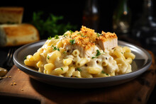Chicken ranch mac and cheese on the plate close up