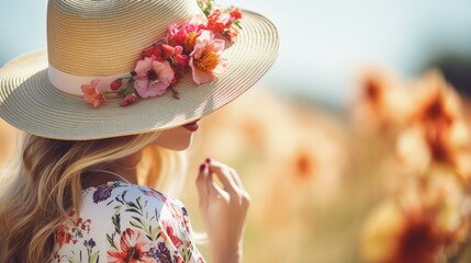 Canvas Print -  a woman wearing a hat with flowers on her head in a field.  generative ai