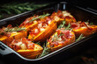 Sweet potatoes with bacon cheese and rosemary baking in the oven close up