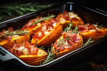 Wall Mural - Sweet potatoes with bacon cheese and rosemary baking in the oven close up