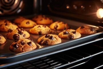 Wall Mural - Chocolate chip muffins baking in the oven close up