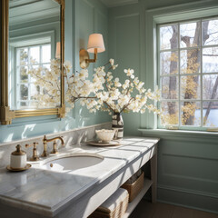 Wall Mural -  Fresh coastal powder room with vaulted ceiling 
