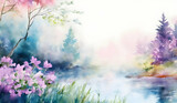 Fototapeta Kwiaty - Watercolor spring landscape with trees, grass and flowers. Digital art painting.