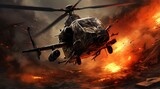 Fototapeta  - Helicóptero de combate volando en un escenario de guerra