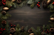 Christmas background with fir tree and decor. Top view with copy space