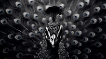 Black And White Image Of Surreal Peacock With Staring Eyes