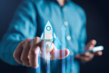Aufkleber - Rocket launch with arrows up, Startup and aim to goal business target.