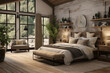 Cozy farmhouse industrial bedroom. The perfect blend of rustic and contemporary styles. Idea for those seeking a stylish, urban living space with vintage charm.