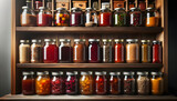 Fototapeta Kuchnia - Photograph of a pantry scene where wooden shelves take center stage. On these shelves, mason jars stand proudly, revealing their contents.