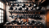 Fototapeta Londyn - Collection of cast iron cooking vessels, ranging from skillets to deep pots, hanging gracefully from a robust wooden rack.
