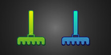 Green And Blue Garden Rake Icon Isolated On Black Background. Tool For Horticulture, Agriculture, Farming. Ground Cultivator. Housekeeping Equipment. Vector