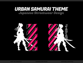 urban female samurai. silhouette japan samurai vector for design t shirt concept. silhouette samurai. Japanese t-shirt design. silhouette for a Japanese theme. Samurai Vector Illustration.