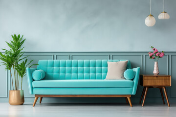 Wall Mural - Mid-century modern living room with a stylish wooden coffee table and a vibrant turquoise sofa against a wall adorned with frames. The retro vintage interior design exudes comfort, contemporary space.