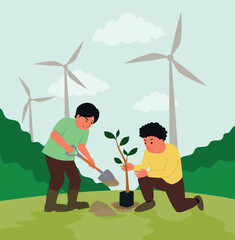 illustration of two man planting a plant