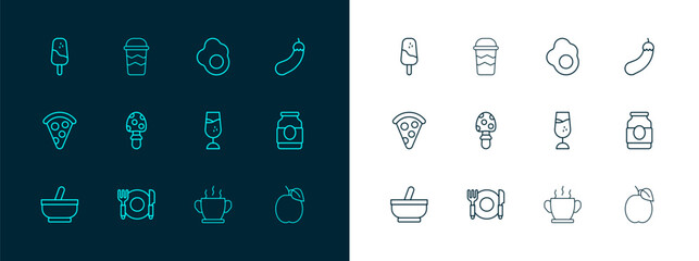 Poster - Set line Eggplant, Plate, fork and knife, Wine glass, Bowl of hot soup, Fly agaric mushroom, Scrambled egg, Ice cream and Coffee cup to go icon. Vector